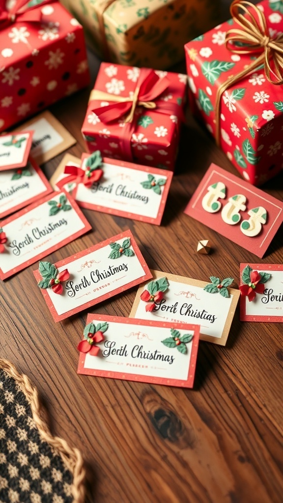 A variety of DIY Christmas gift name tags on a wooden table, decorated with festive designs and surrounded by wrapped gifts.